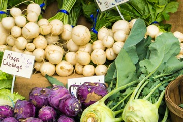 Fresh leeks, purple cabbage and green leaves farmers market pricing