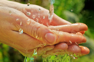 Hands under water faucet and green background